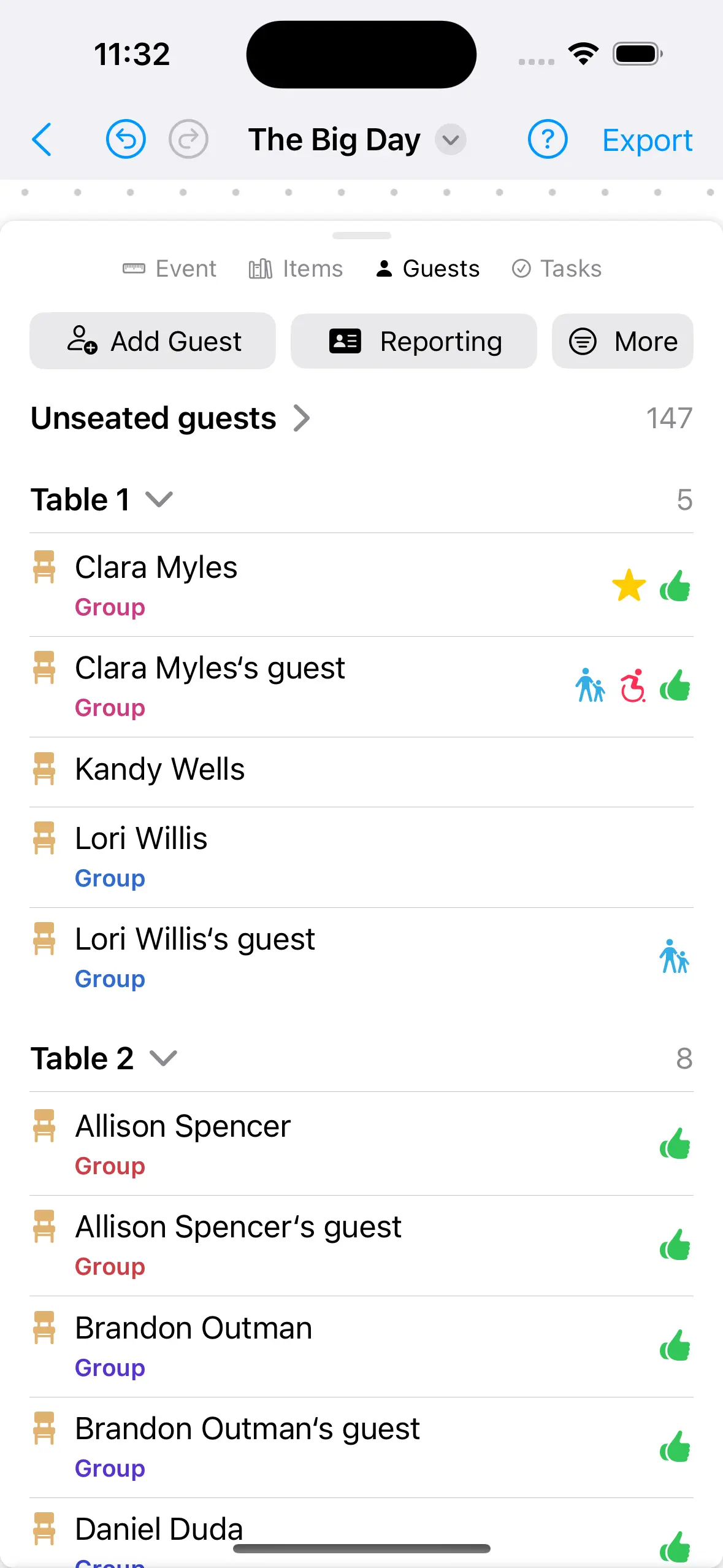Your guest list shows a preview of all of your guests including what group they are a part of, if they are attending, and tags like VIP, child, and accessibility needs.