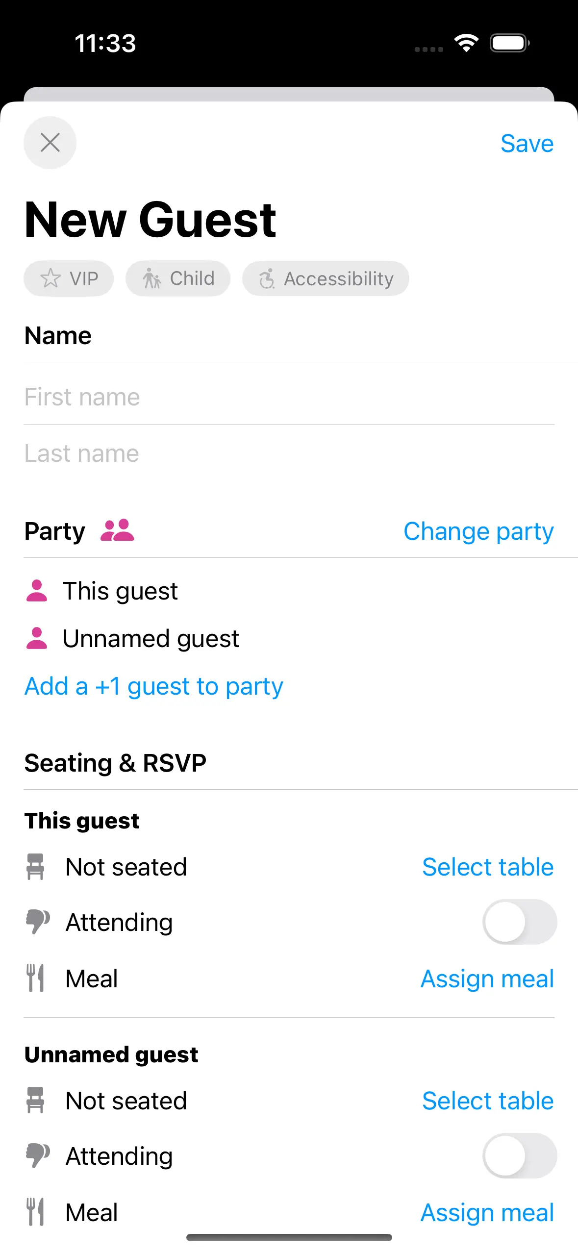 Example of the guest form where you can add info about each guest like name, tags, meals, notes, table, and party.
