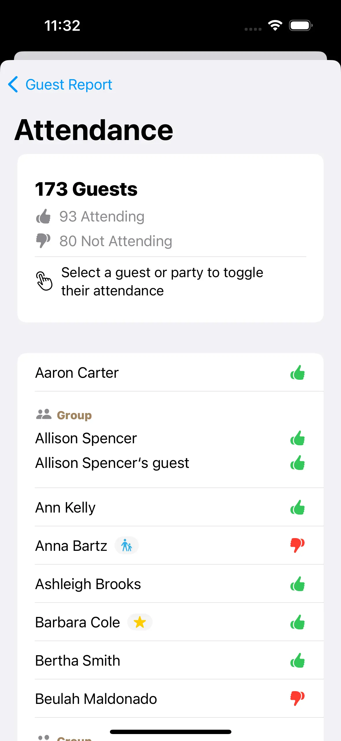 Example of the attendance editor to quickly mark each guest as attending or not.