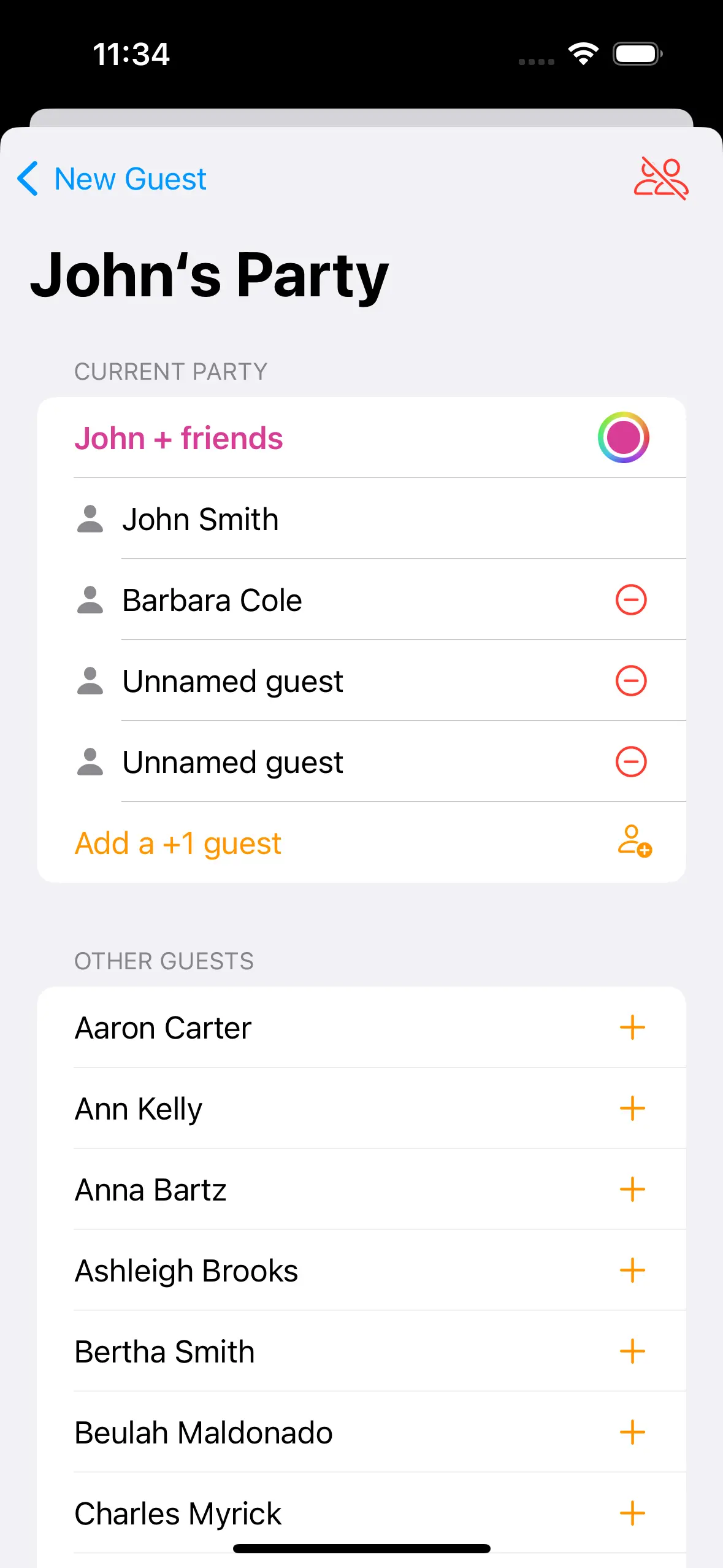 Setup a guest party by linking guests together or adding anonymous +1s.