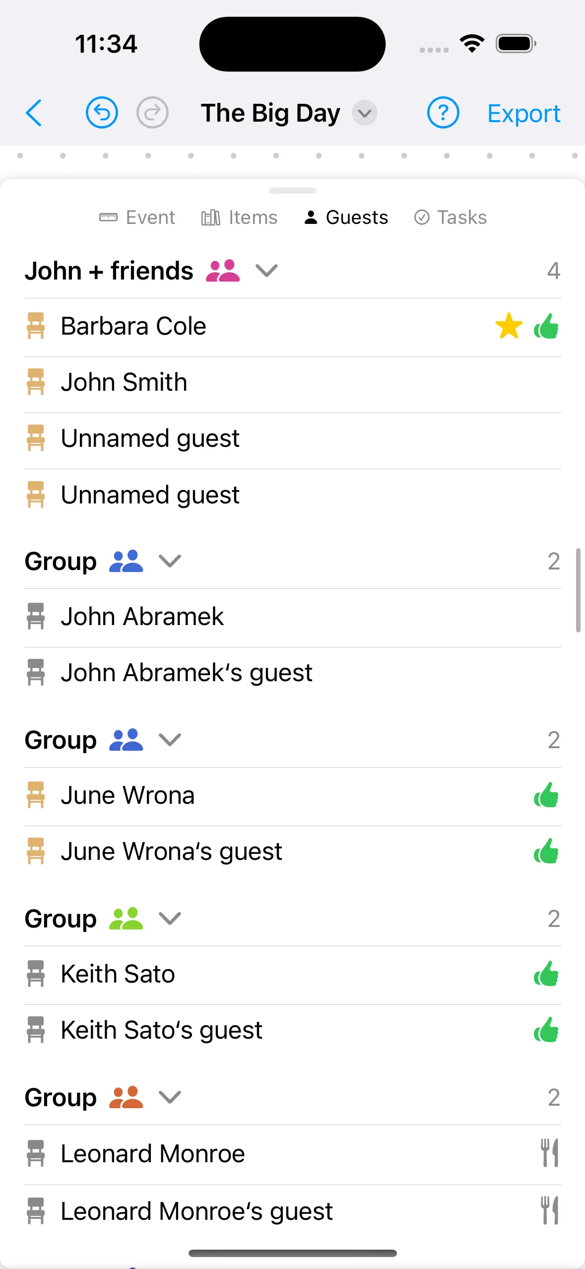 Example of the guest list showing grouping information and seeing guests next to their groups.