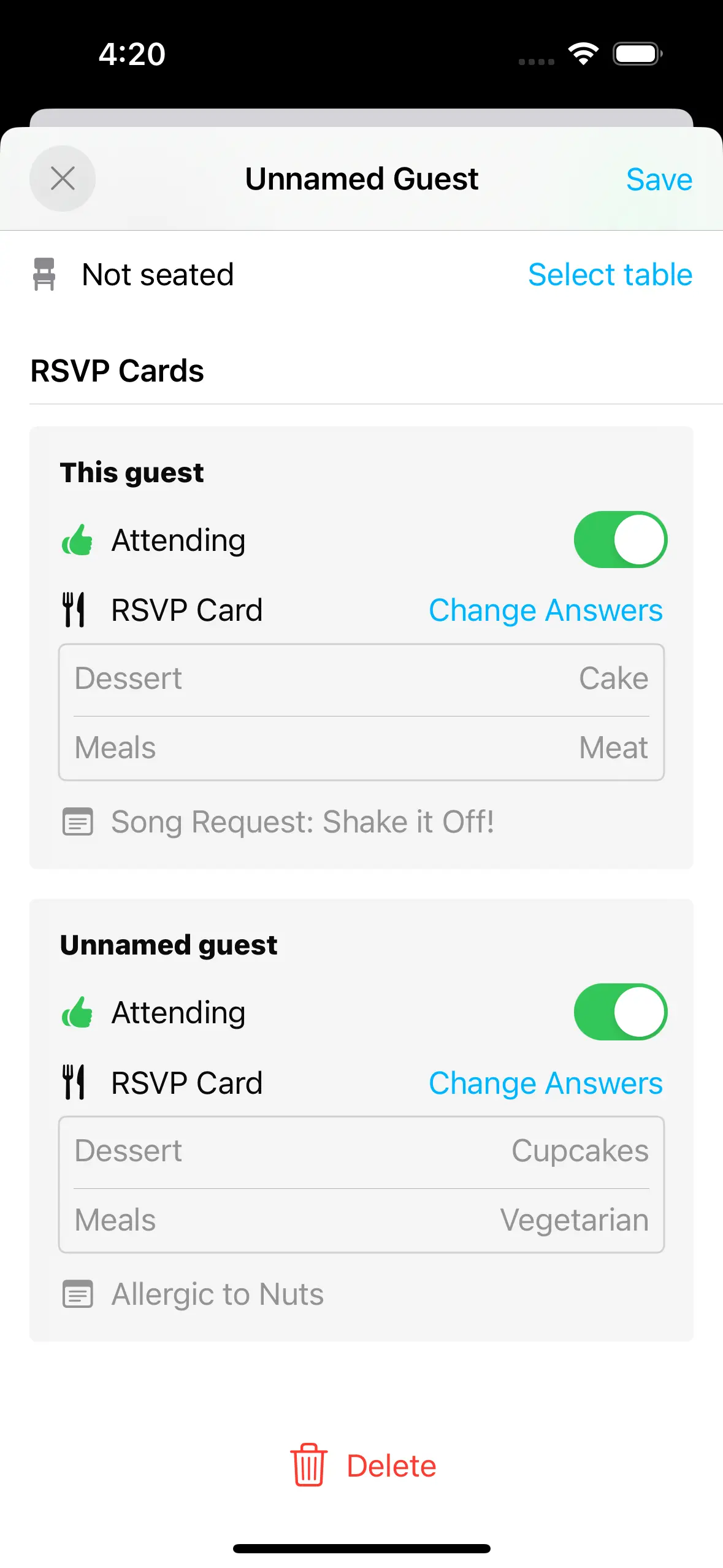 Example of guest RSVP Cards