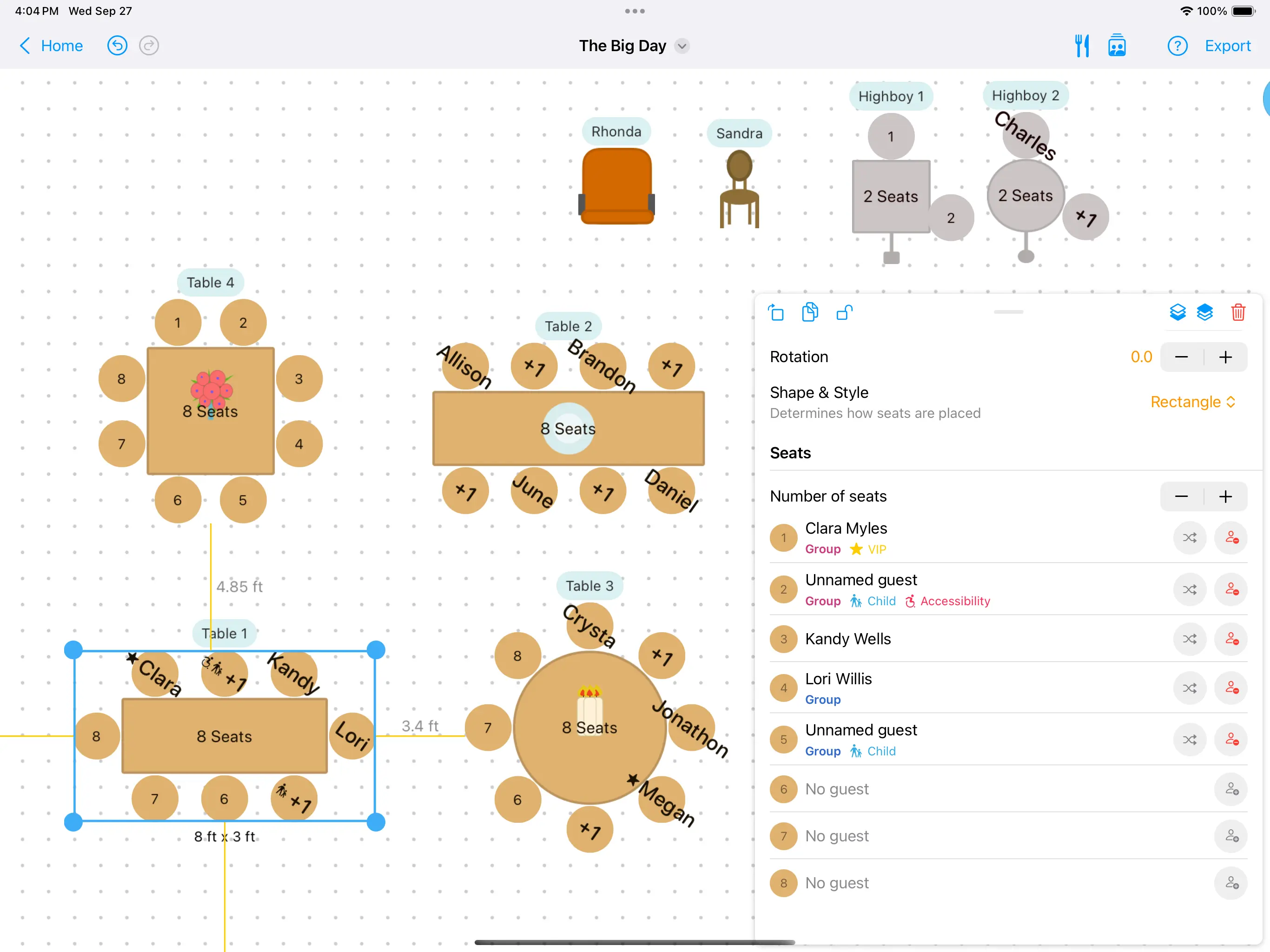 Example of a seating chart on iPad