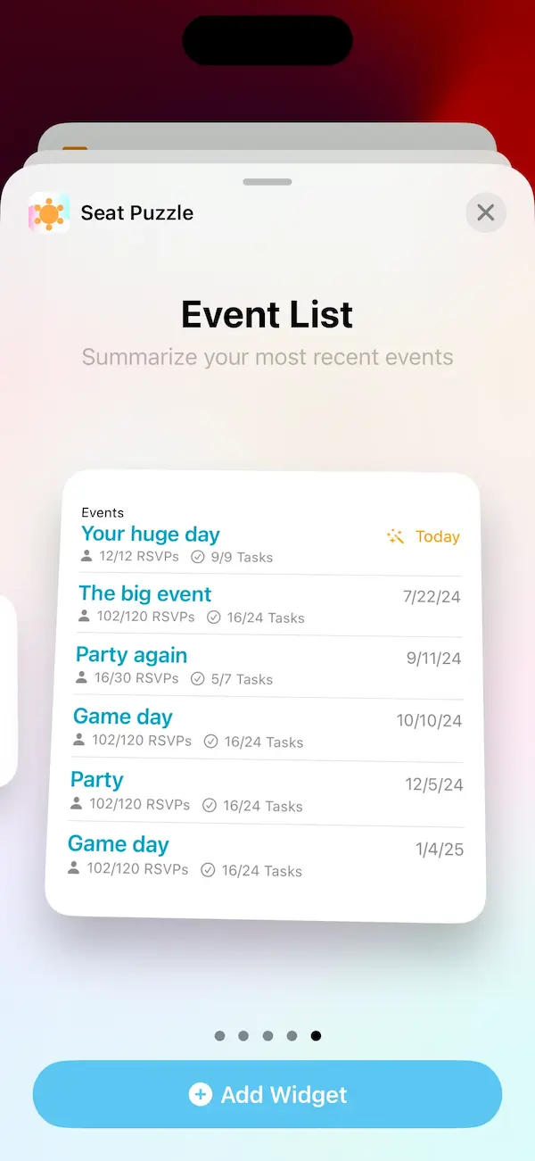 Use the event list widget to see your most recent event details at a glance