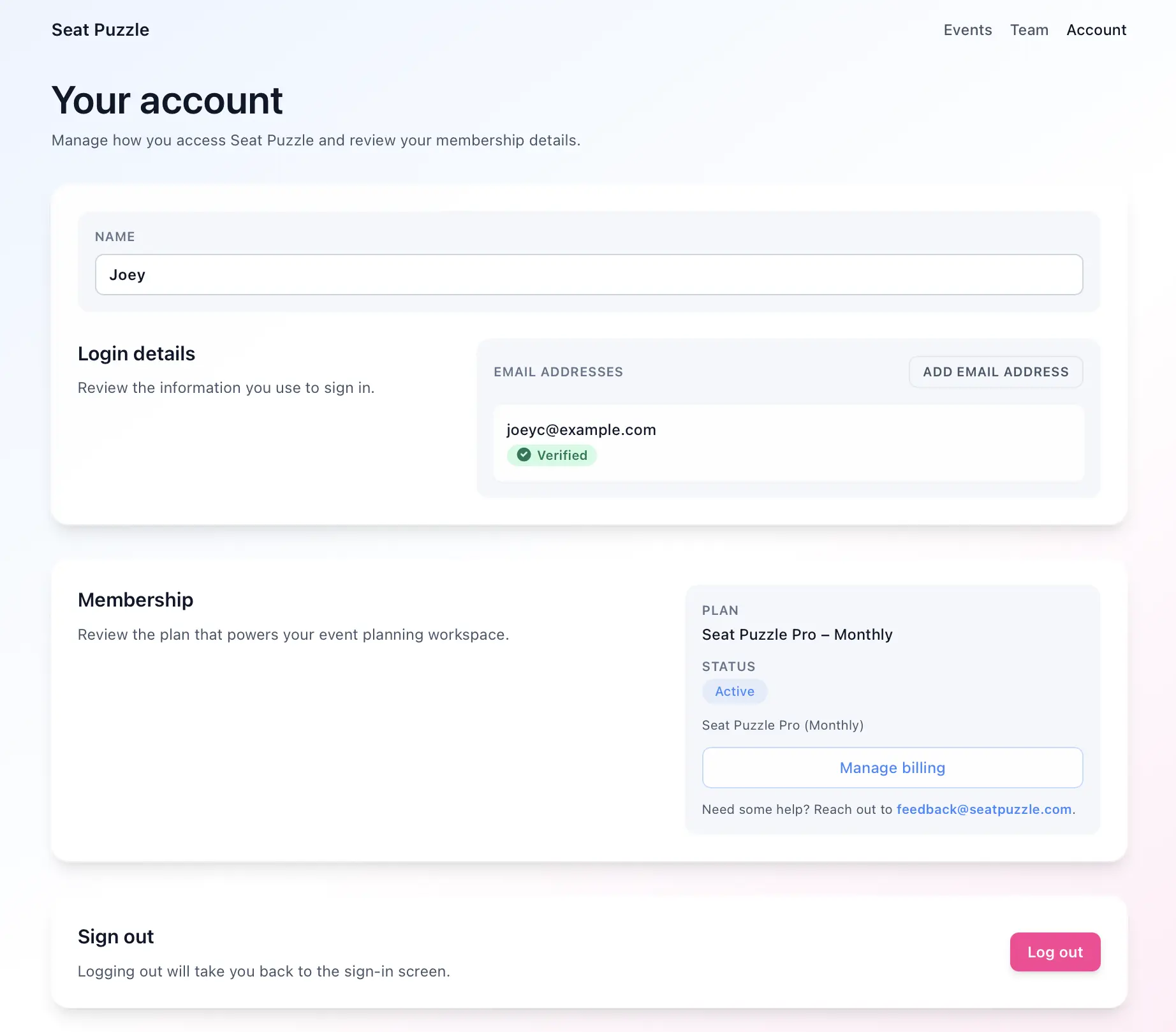 Update your profile, emails, and membership details from the account page.