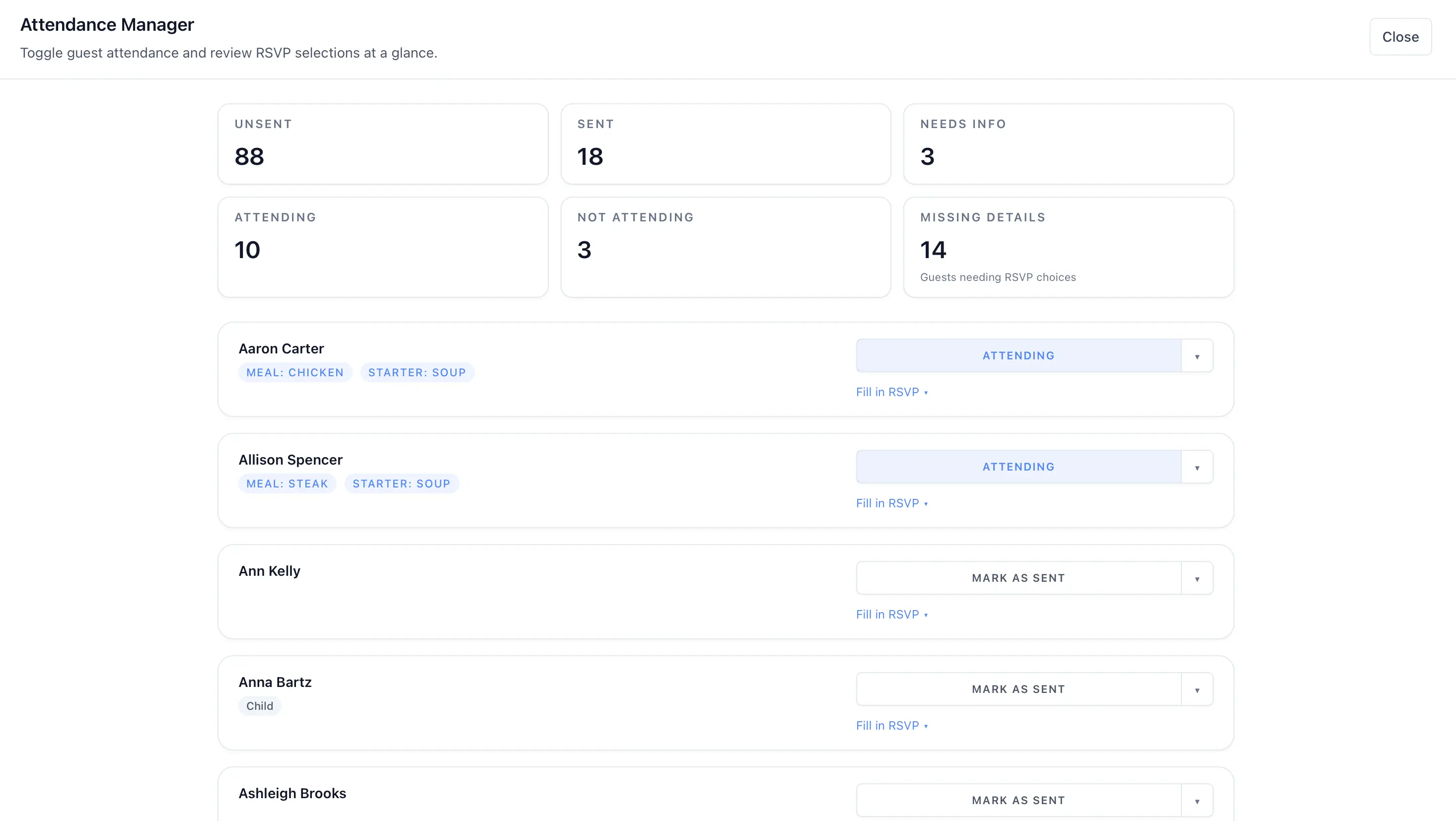 Use the attendance tools to review statuses and update guests inline.