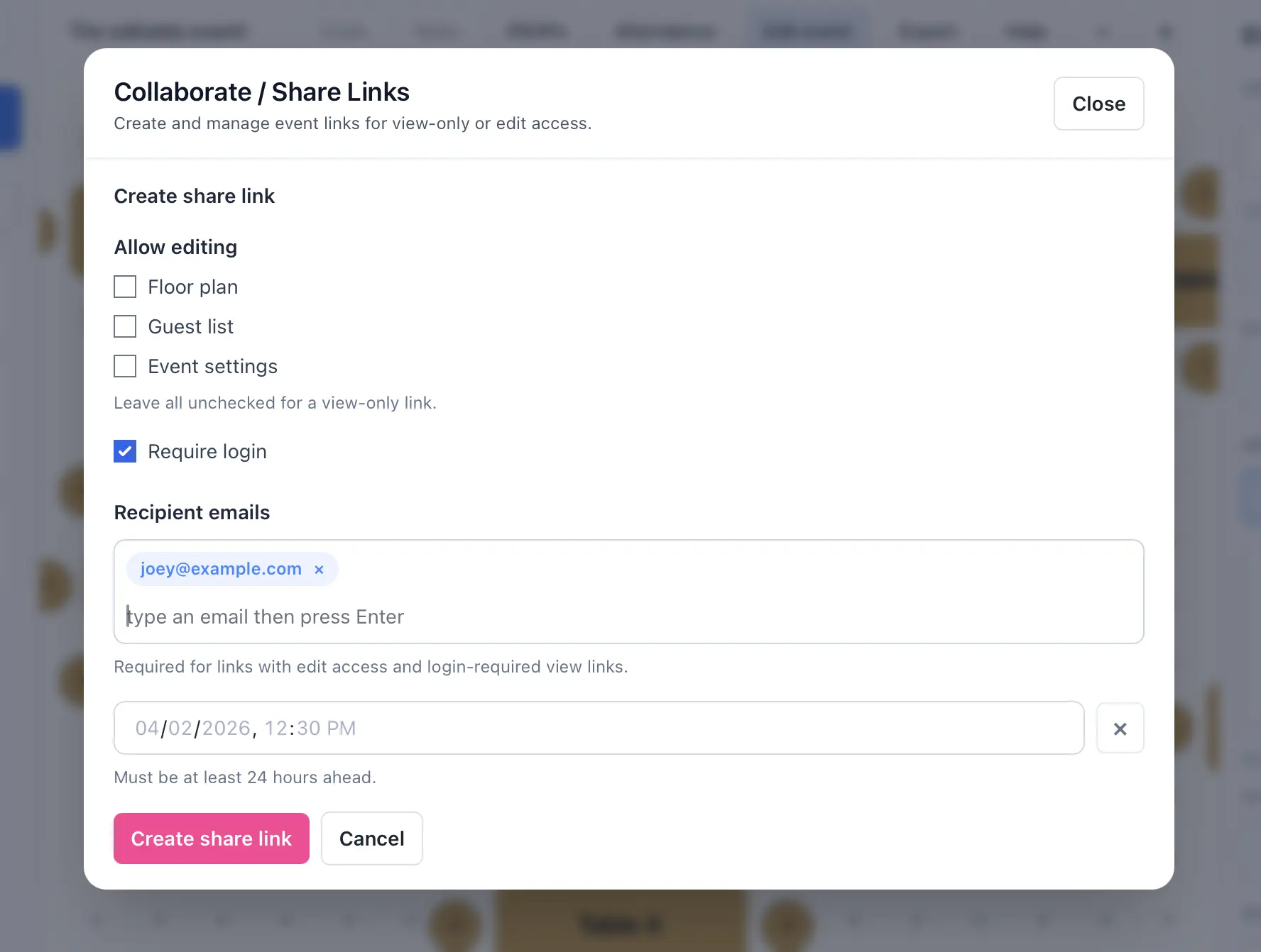 Create a share link with permissions, email restrictions, and expiration.