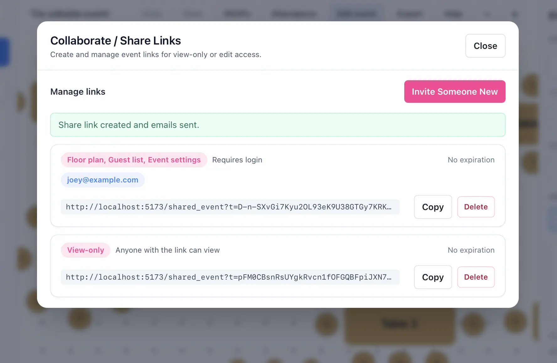 Manage existing share links from the event share dialog.
