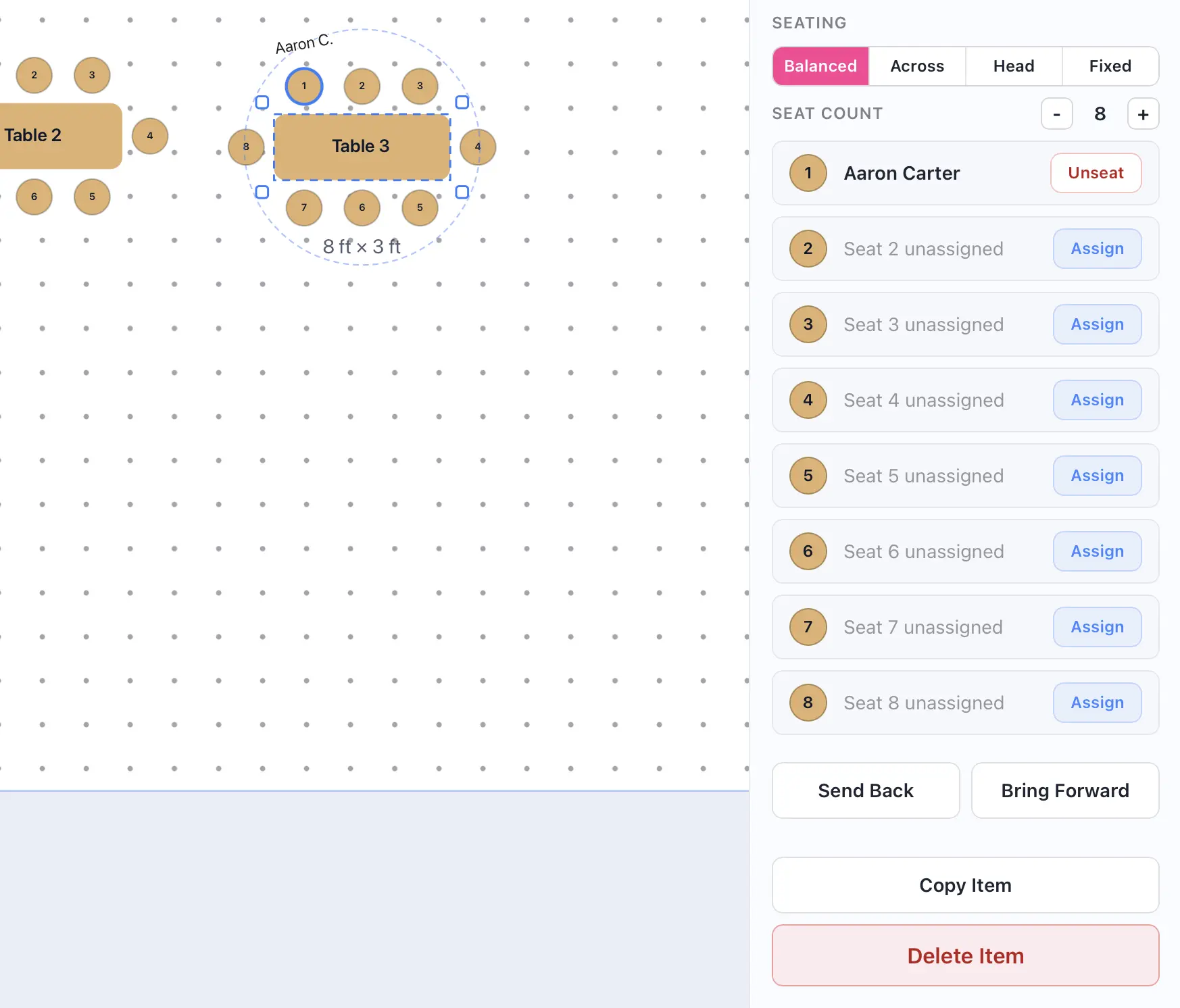 Guest-based floor items also show seating controls and assigned seats.