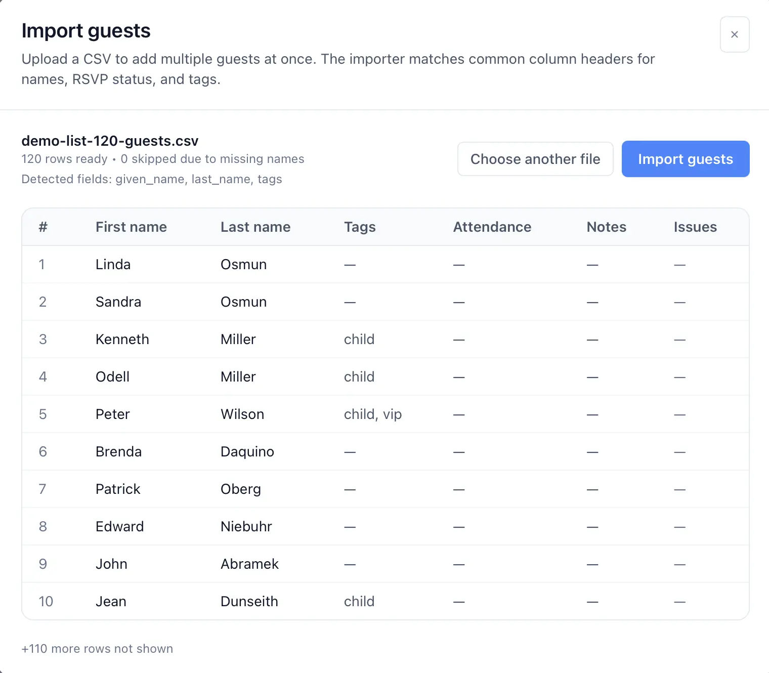 Review the import preview before creating guests.