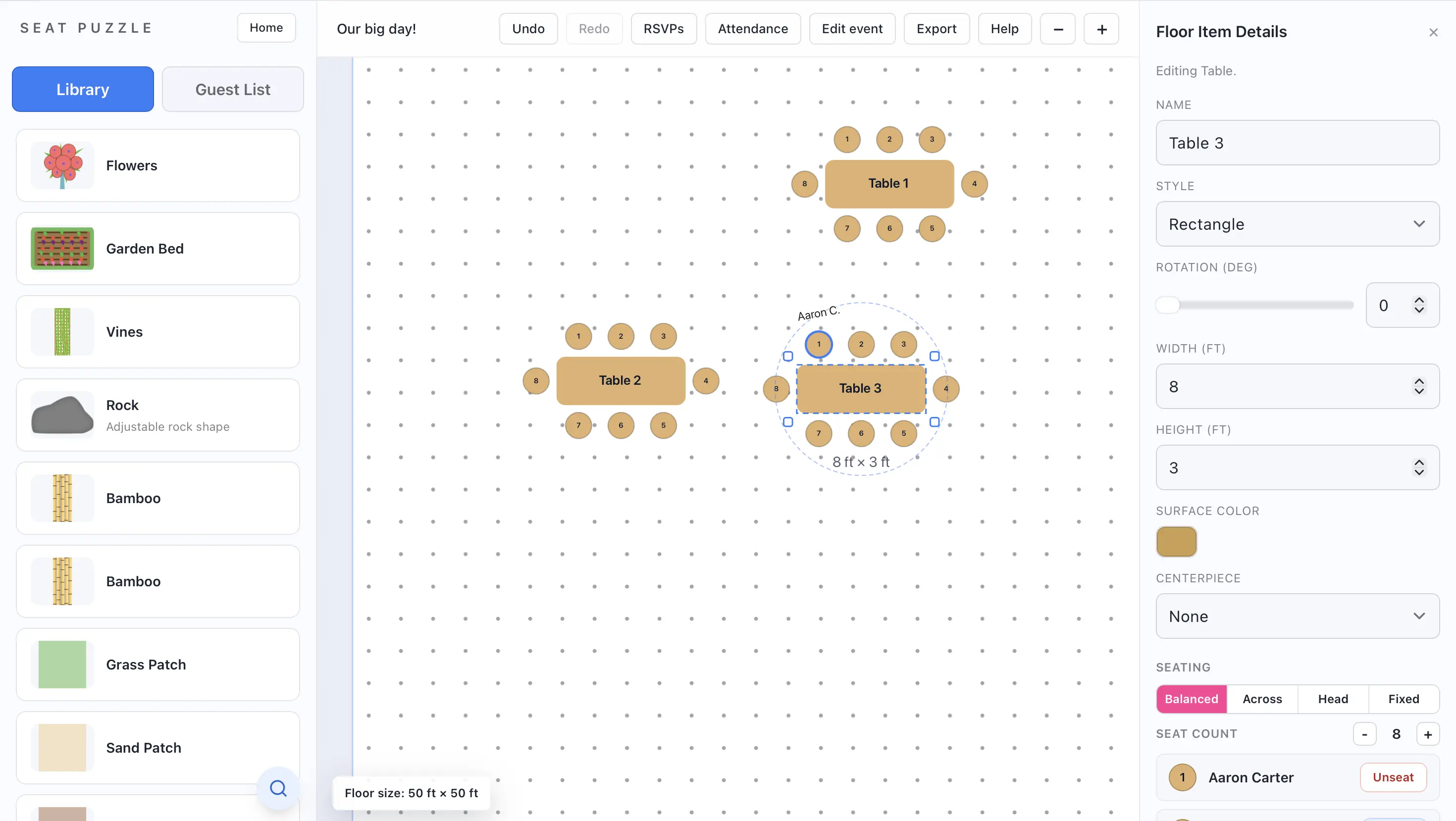Navigate the planner with the item library, floor canvas, and detail panel.