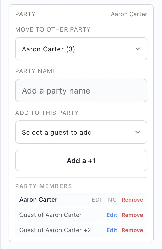 Edit a party, add guests, and manage plus-ones.