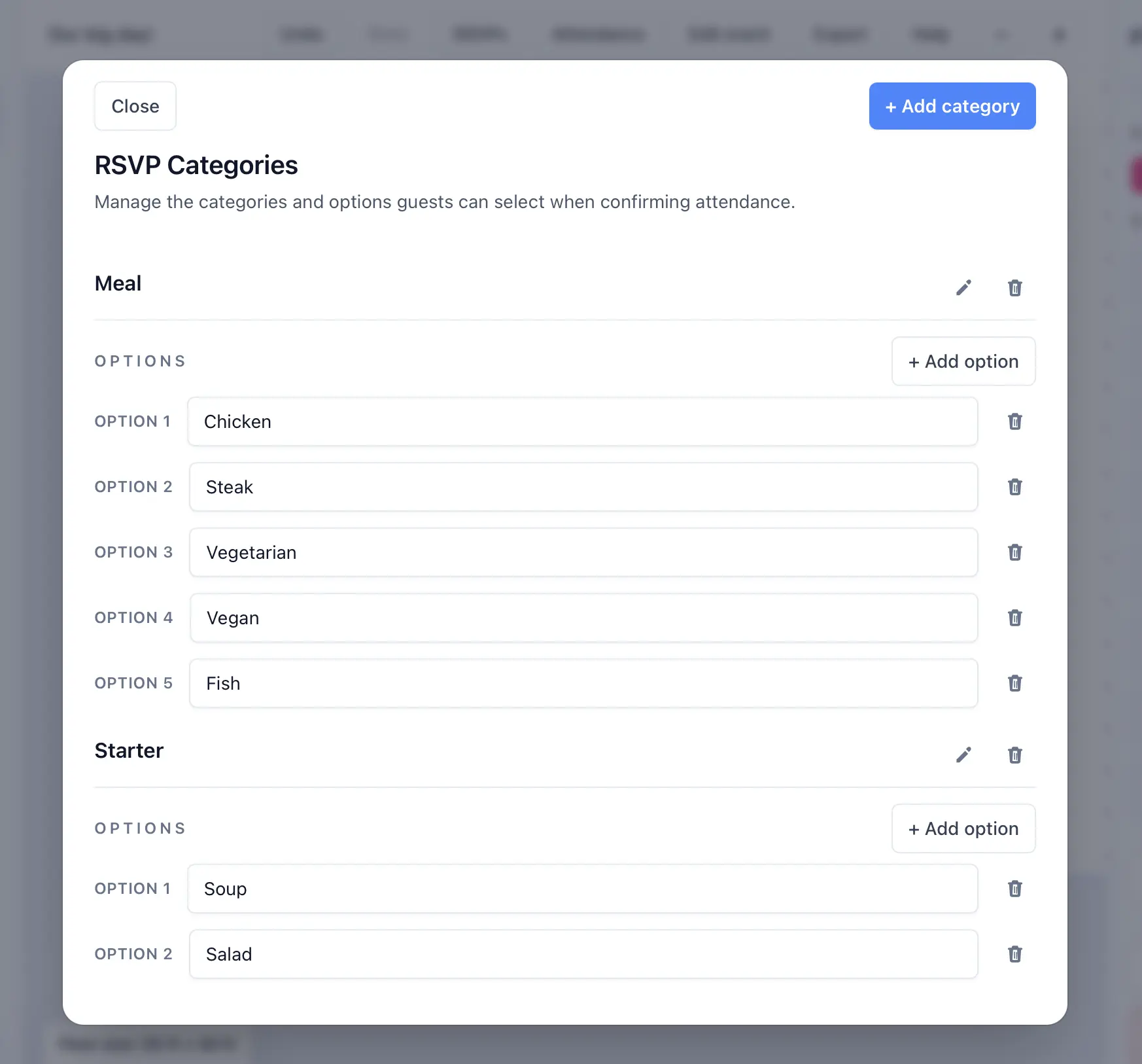 Create and edit RSVP categories and response options.