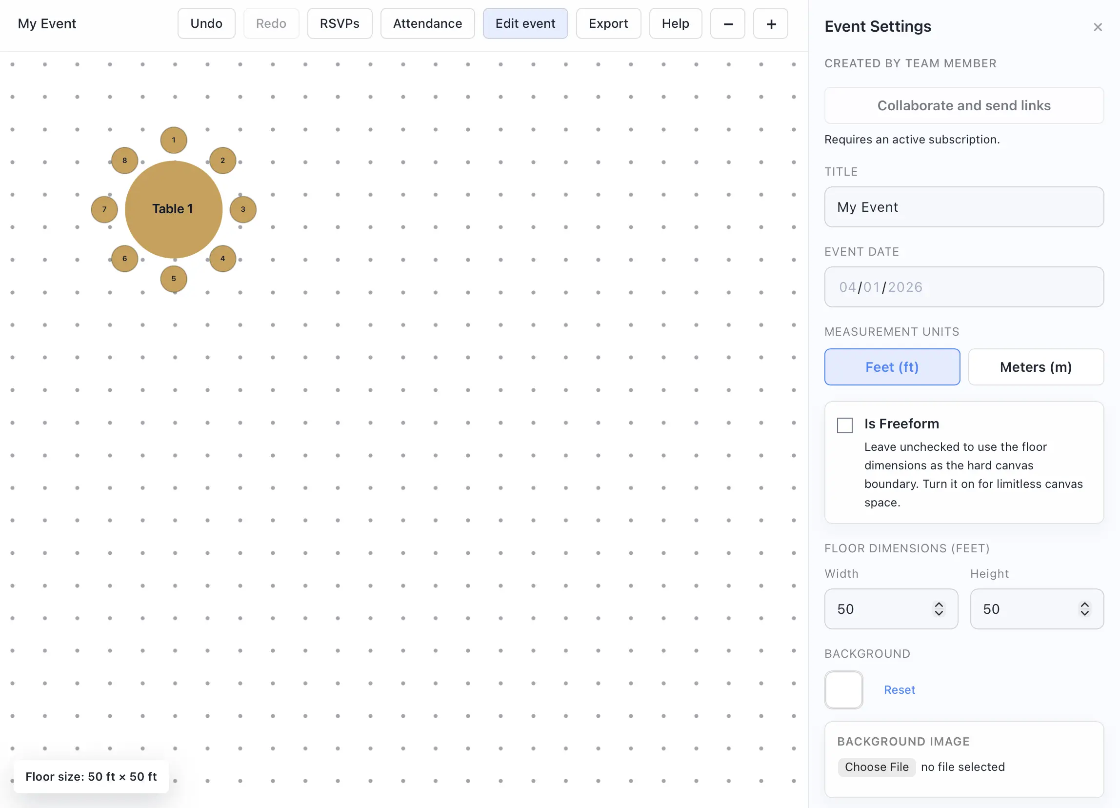 The event editor lets you specify your title, event date, and venue details like dimensions and background.