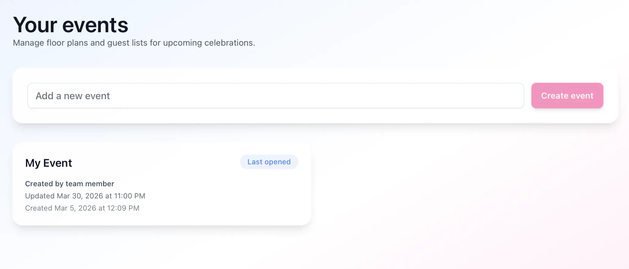 Find all of your events and create new floor plans from your events home page.