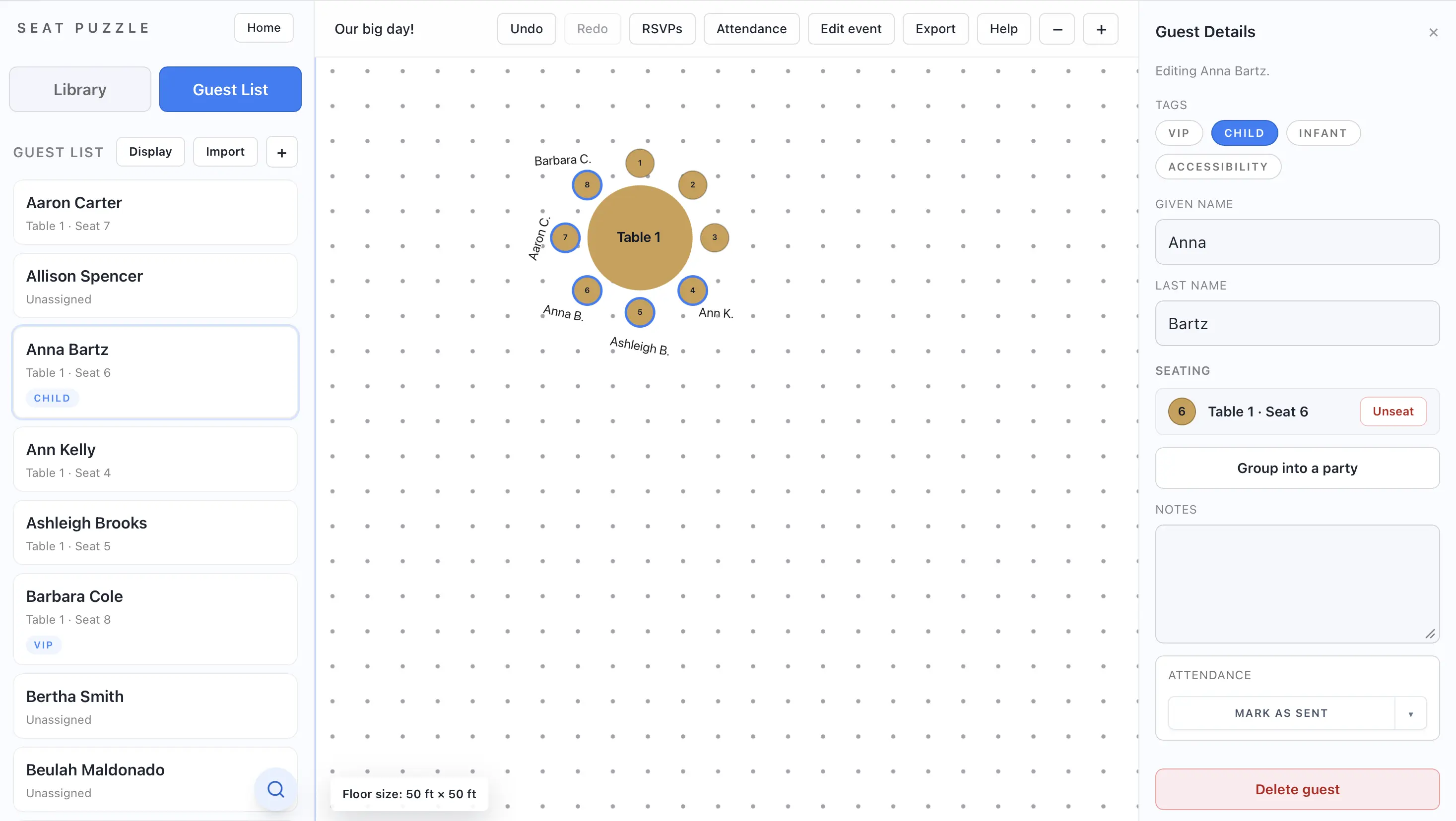Select a guest to edit everything like name, tags, seat, and RSVP response.