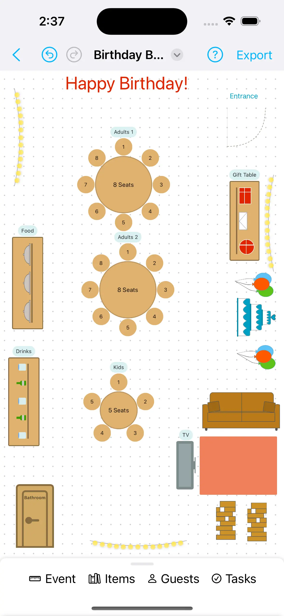 Example of a birthday party layout diagram