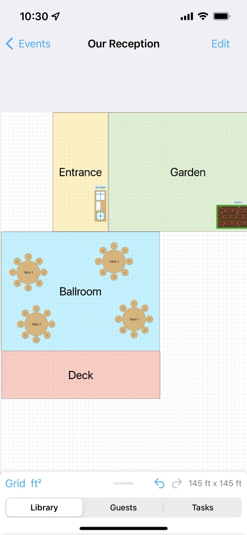 Rooms example showing an entrance, ballroom, and balcony