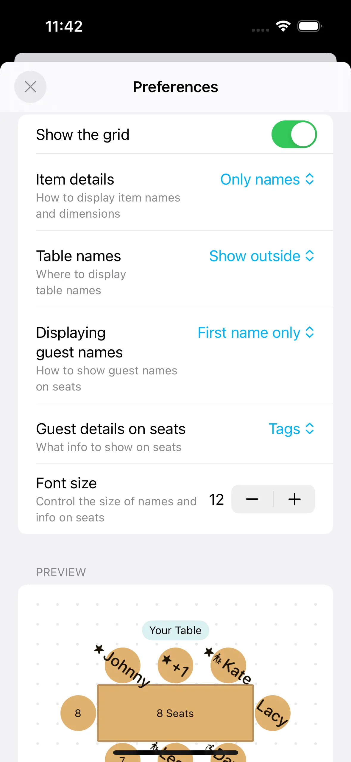 The new display preferences page shows you a preview of how your tables will look on your floor plan