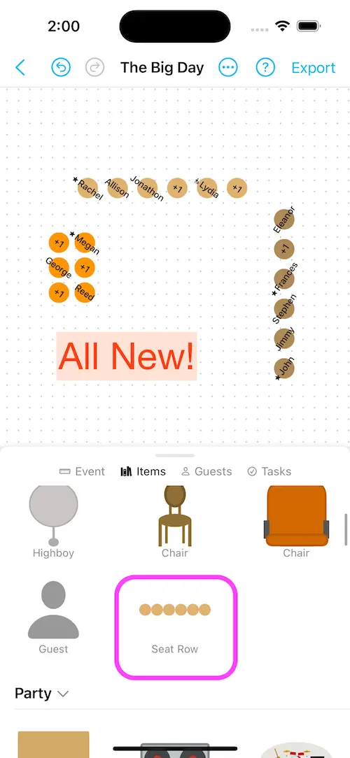 Demonstrate the new seating row item to quickly setup an entire grid of chairs in a seating chart