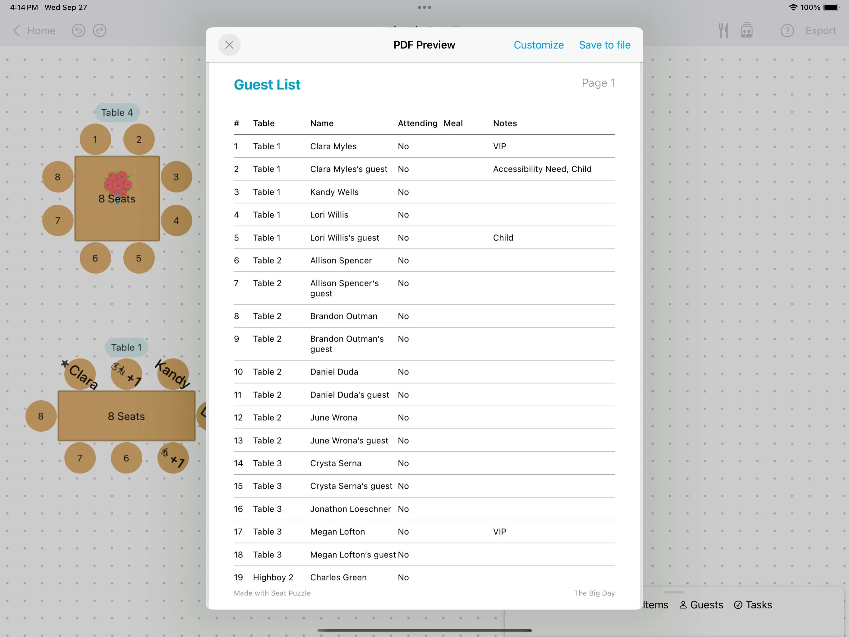Example page of the guest list export on PDF