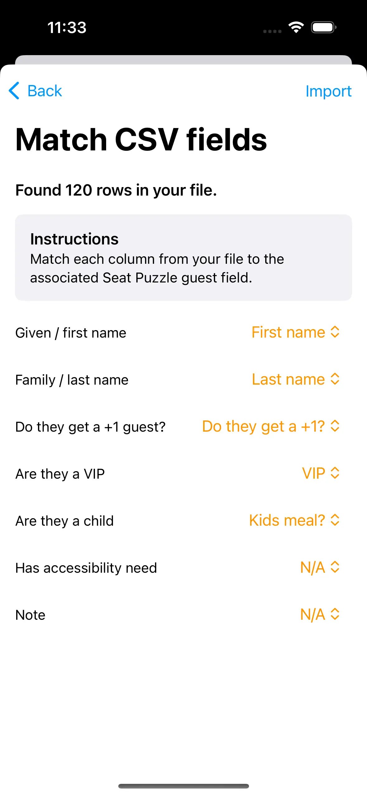 Example of importing a spreadsheet to your guest list.