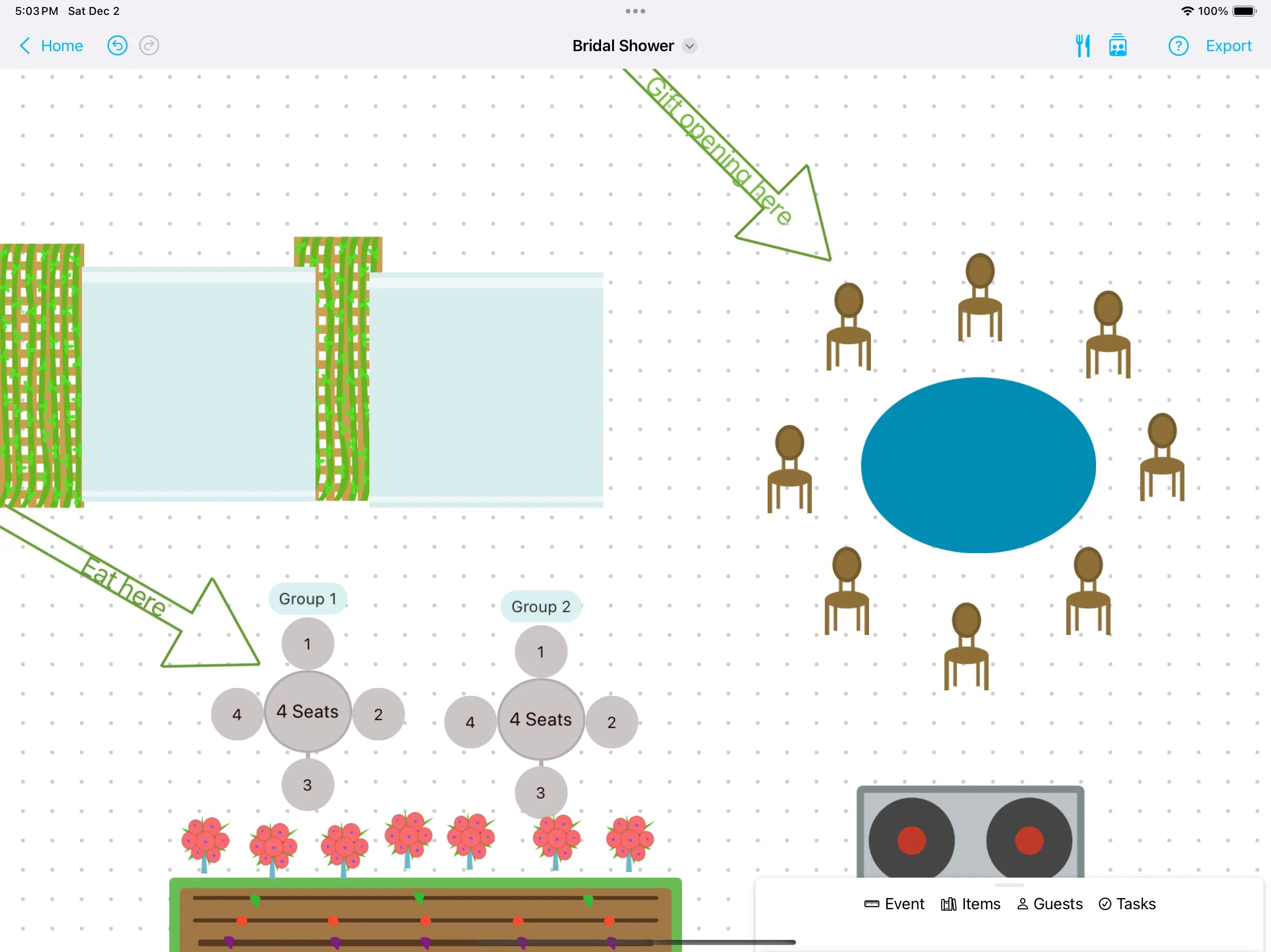 Example of a bridal shower party seating chart