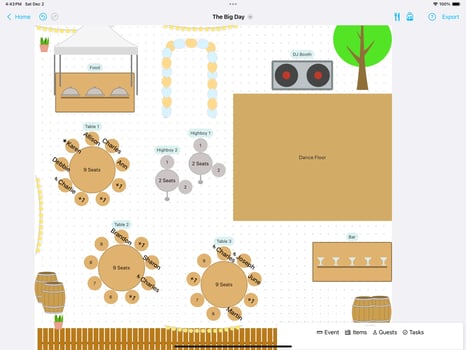 Example of a wedding reception seating chart and diagram.