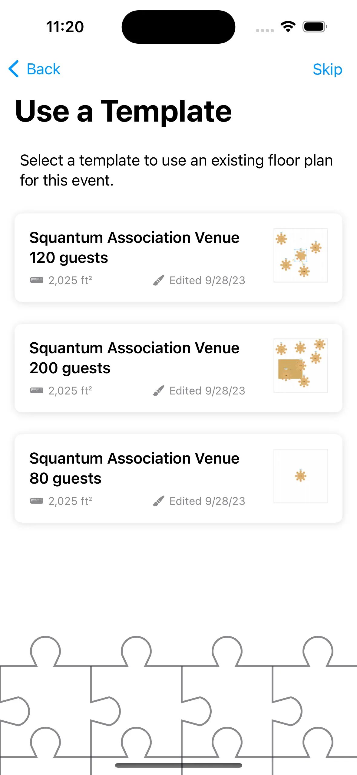 Example of selecting a template during event creation to reuse a floor plan.