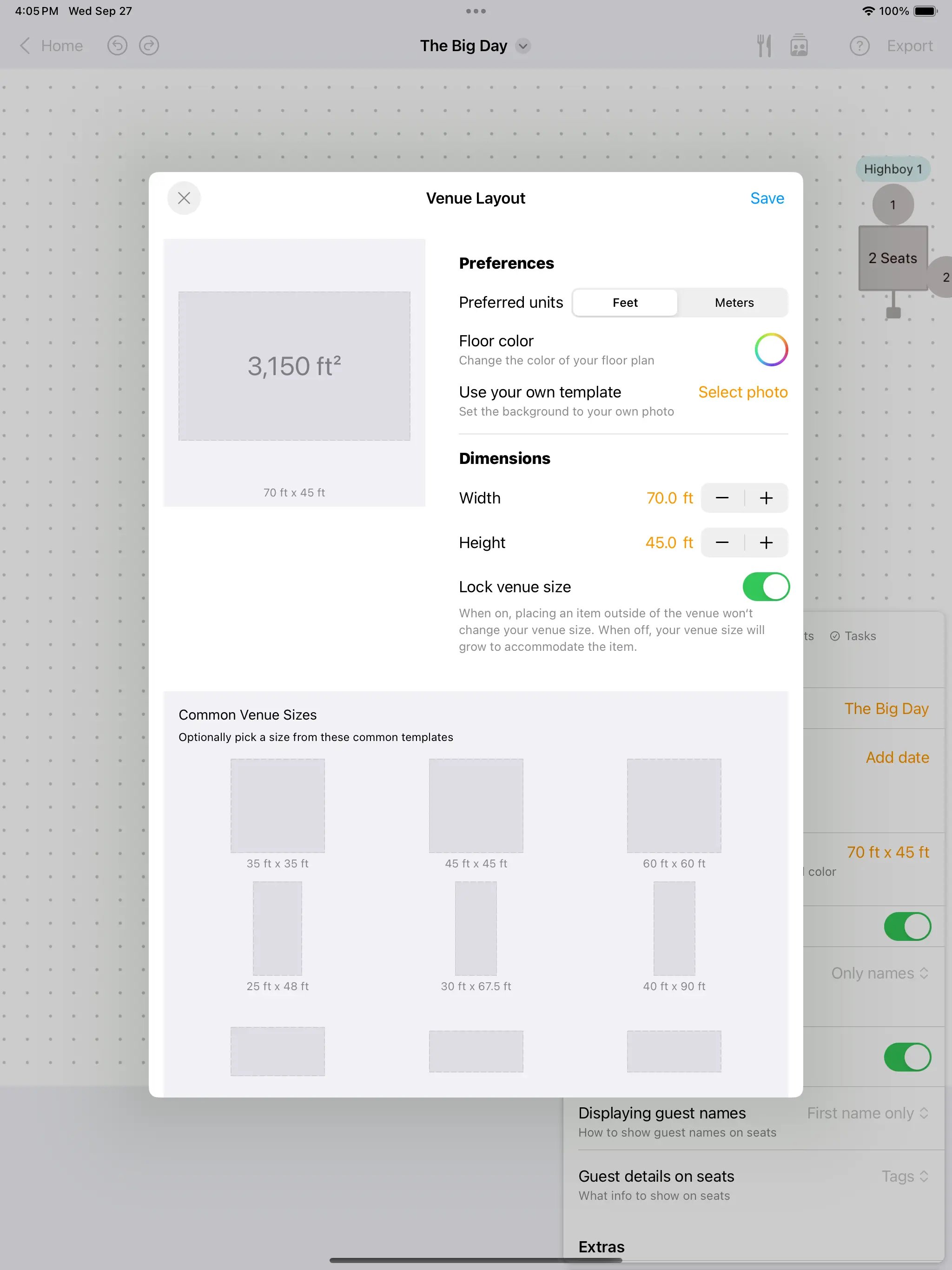 Example of editing the venue dimensions