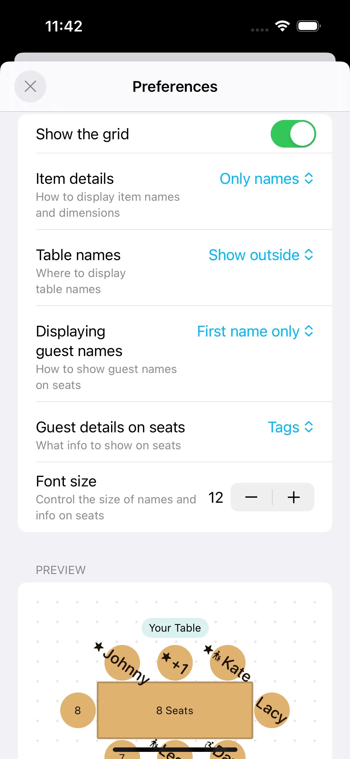 The new display preferences page shows you a preview of how your tables will look on your floor plan