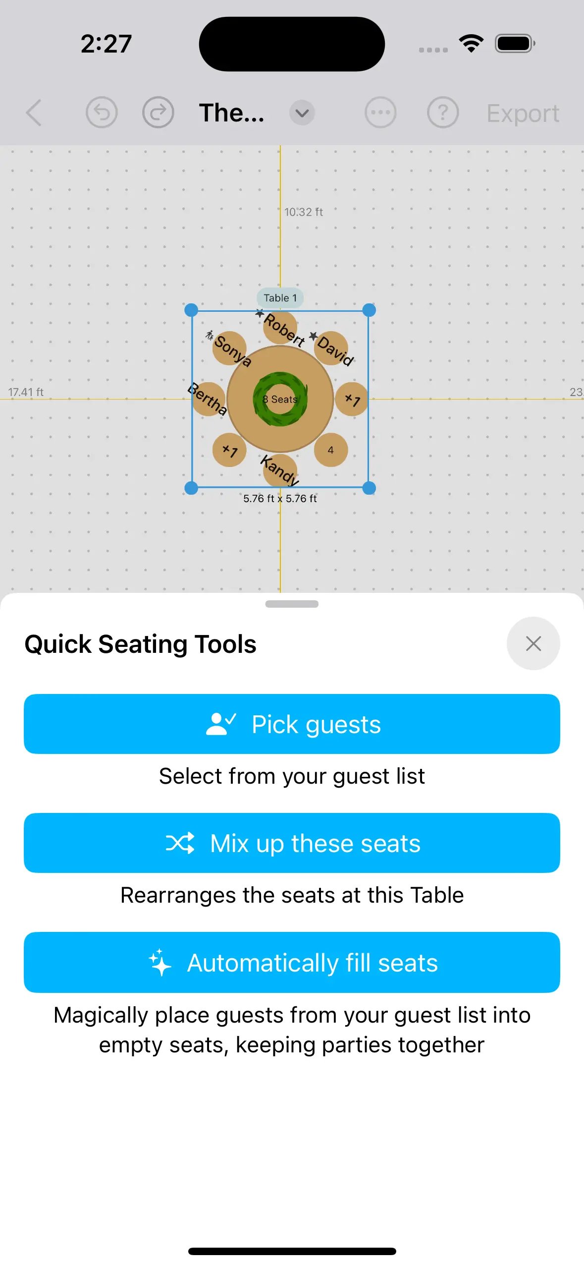 Demonstrate the new quick seating tools to automatically shuffle or pick guests to automatically fill in a seating chart