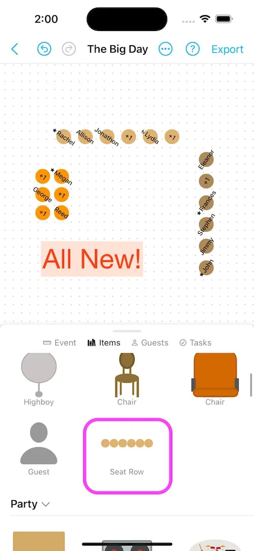 Demonstrate the new seating row item to quickly setup an entire grid of chairs in a seating chart