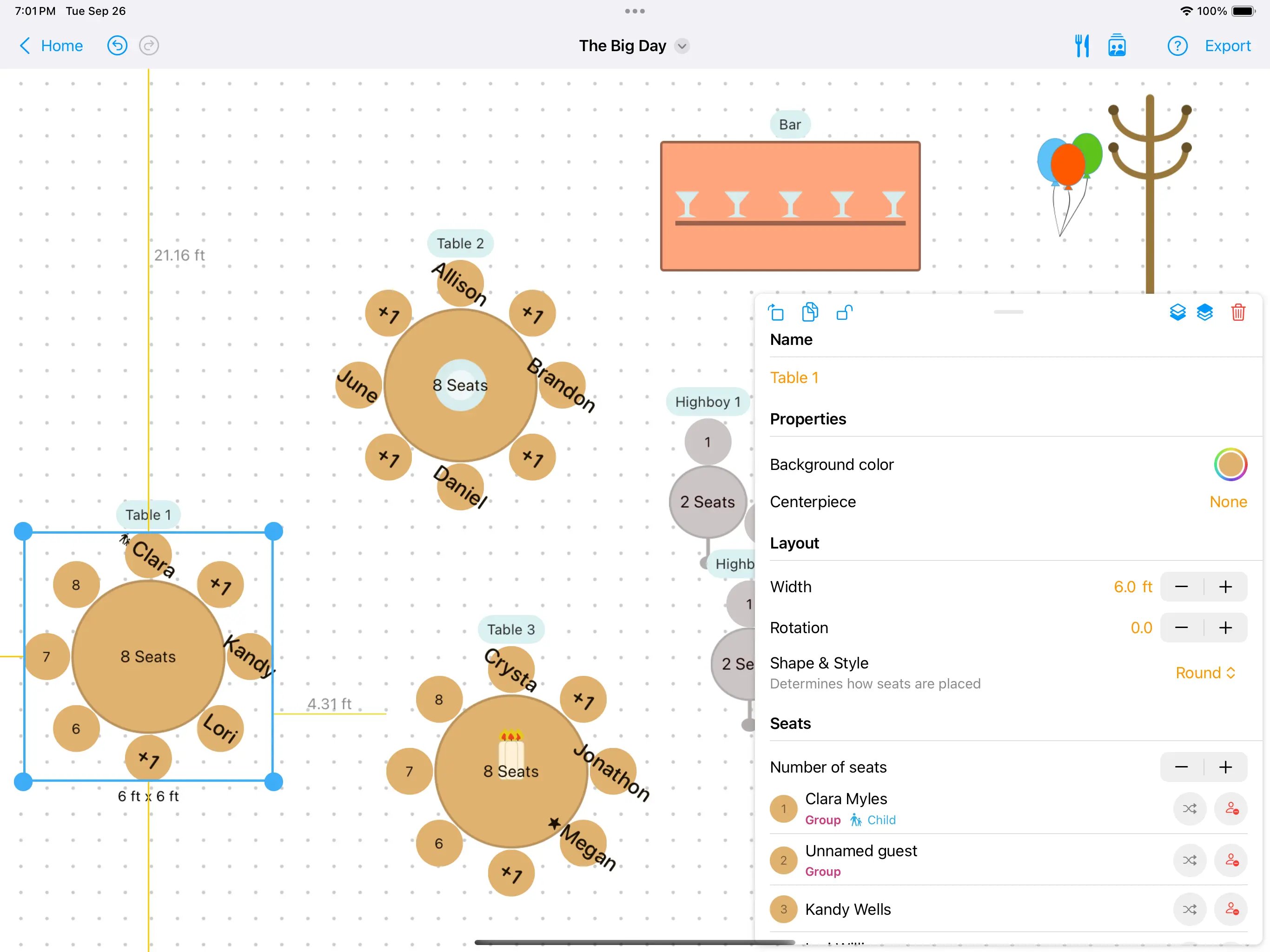 Example of a seating chart on iPad